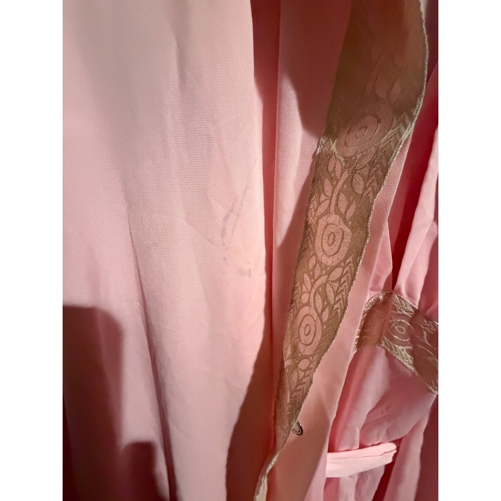 Vintage Pink Peignoir Set Nightgown Robe Gold Lace Trim Maxi 2 Piece Loungewear - Picture 8 of 15